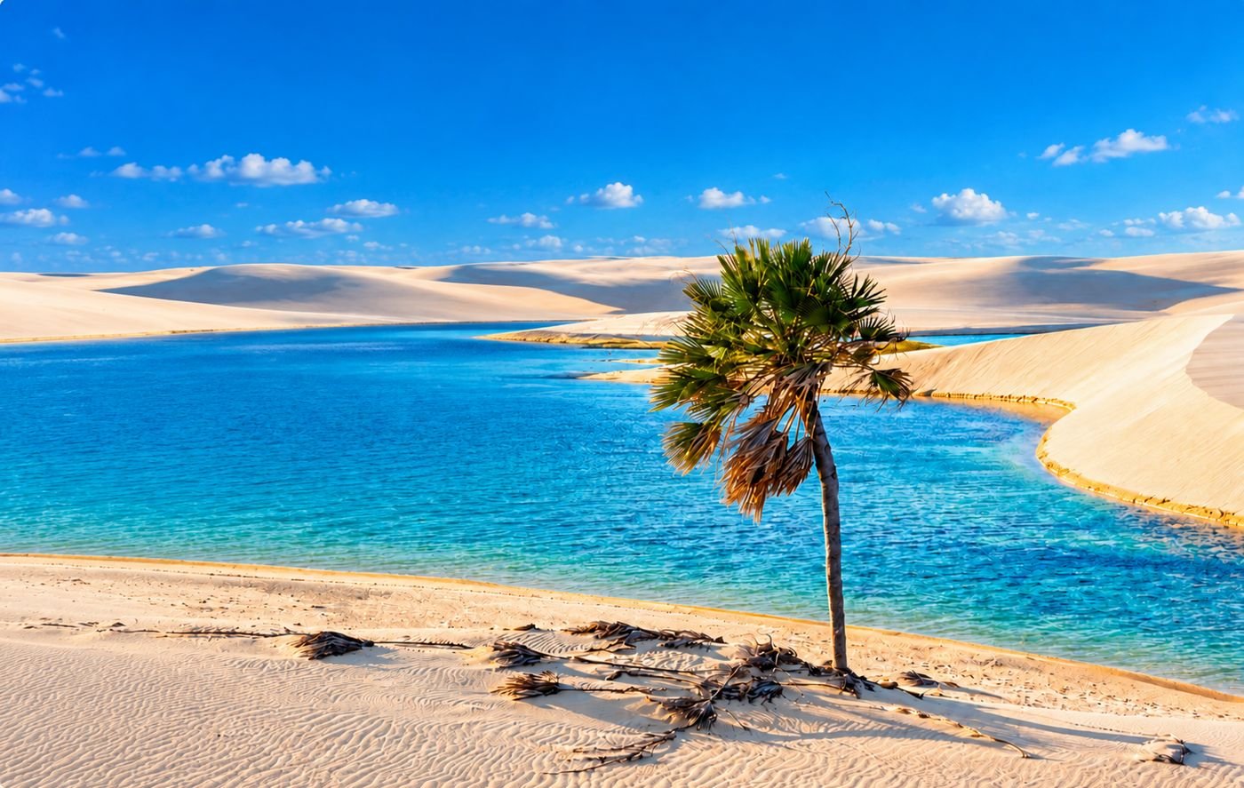 Lagoa de águas azuis entre dunas nos Lençóis Maranhenses