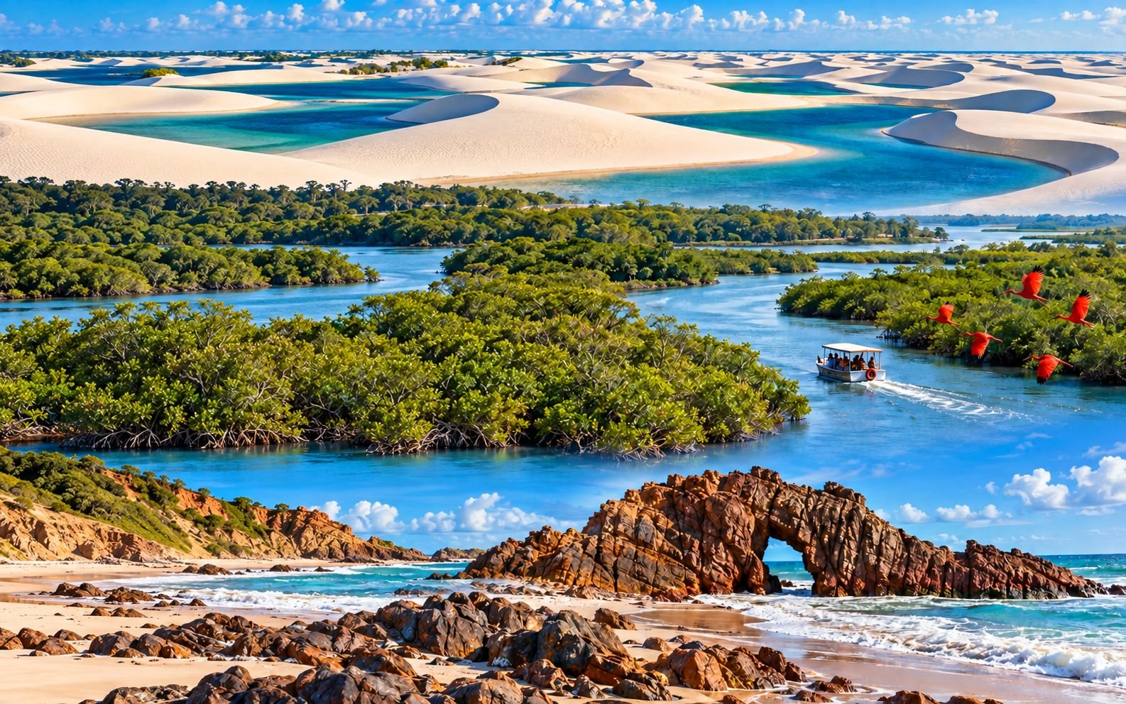 Montagem com dunas e lagoas, manguezais do Delta com guarás e a Pedra Furada